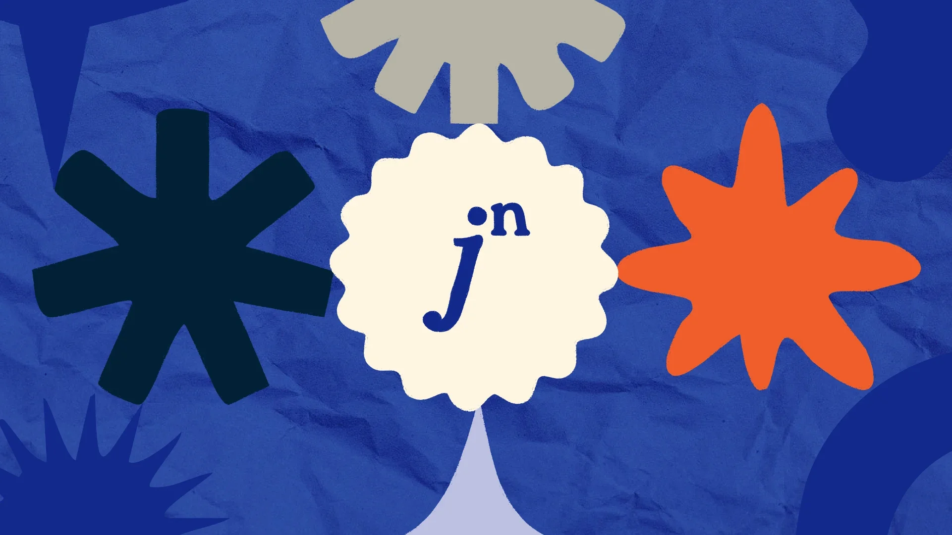 Jessie's Notes' monogram on a scalloped oyster badge, between a navy asterisk and an orange burst, on crumpled cobalt paper
